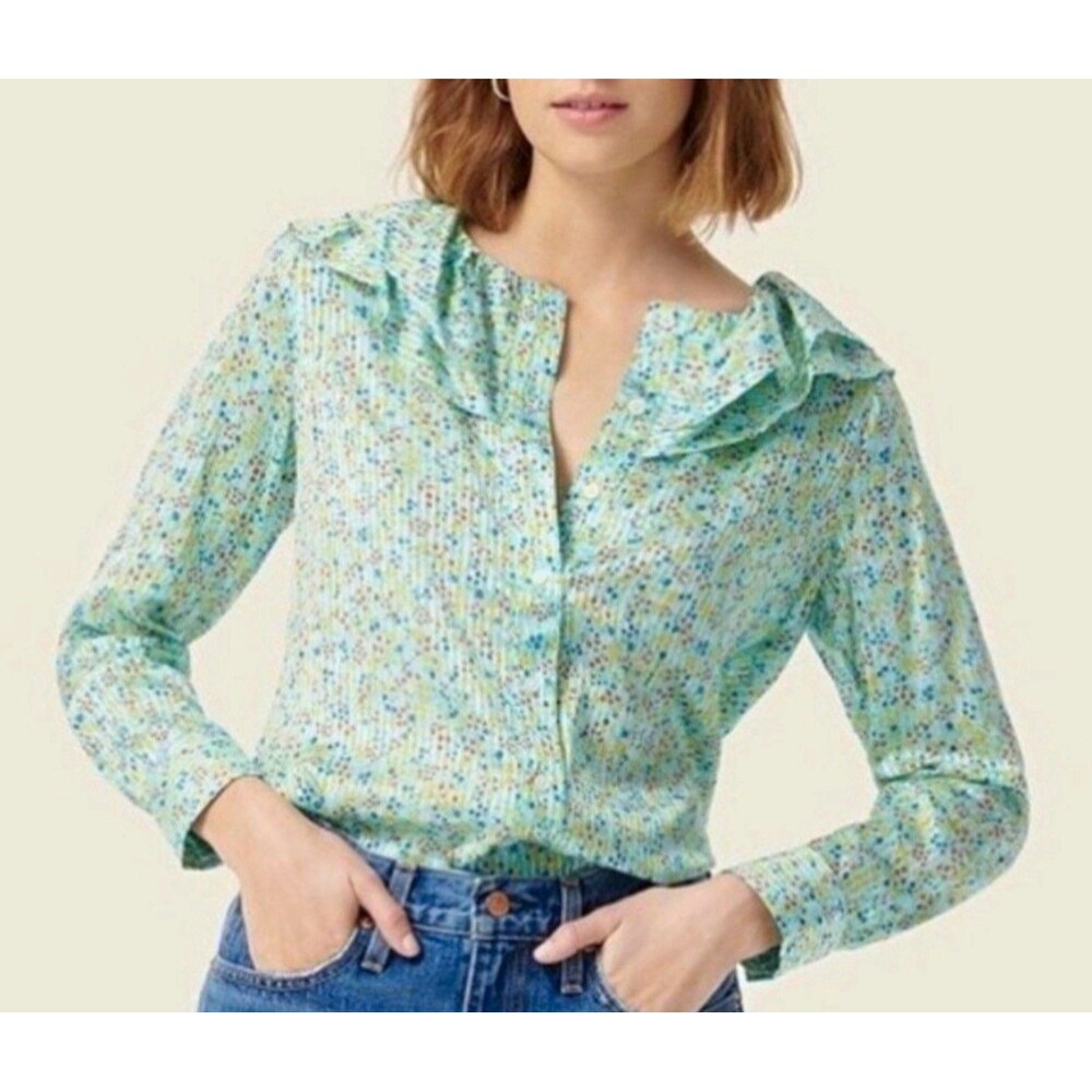 J.Crew Field Day Floral Ruffle Blouse with Metallic Gold Stripes - Size S (NWOT)